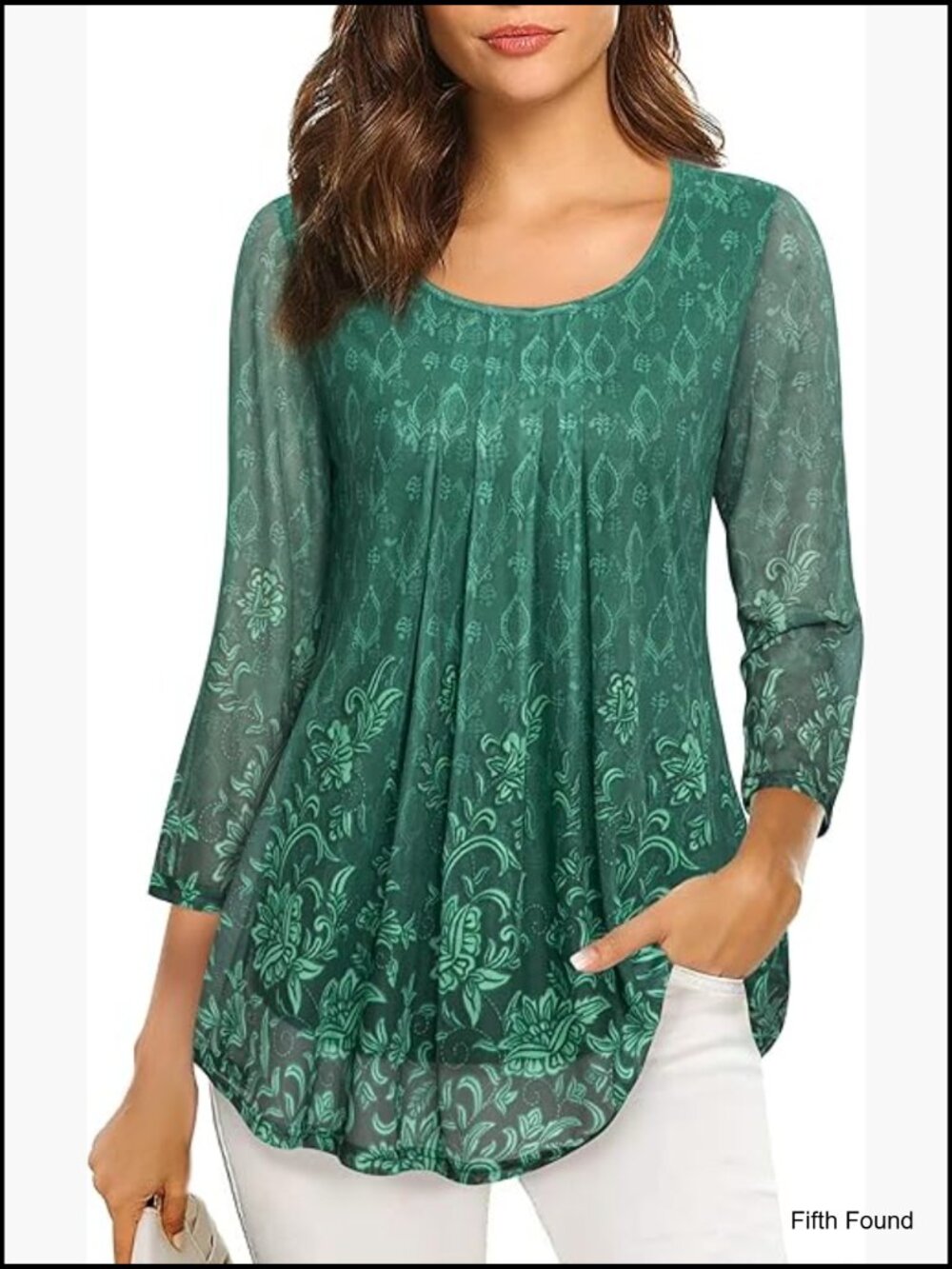 Women's 3/4 Sleeve Tunic Top Floral Blouse Casual Loose Fit Mesh Pleated